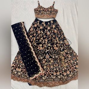 Lehenga. Party wear. Indian, Punjabi suit. Black lehenga, navy blue.